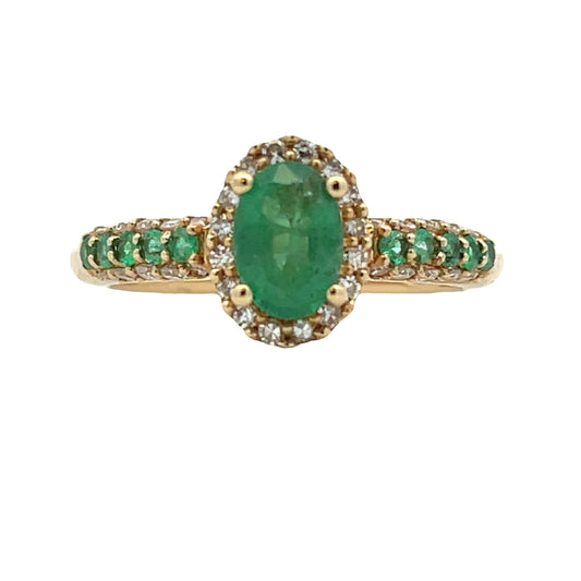 Anillo de oro amarillo de 14 quilates con esmeralda natural de 1.32 ct y diamantes