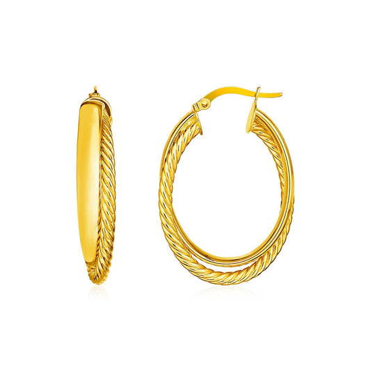 Pendientes de aro ovalados retorcidos con textura de dos partes en oro amarillo de 14 quilates