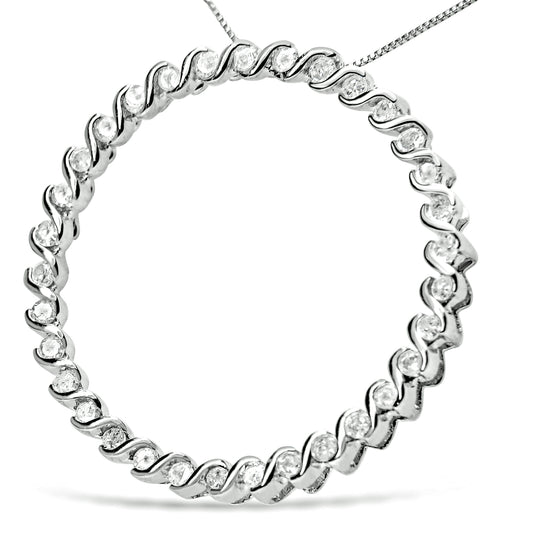 Colgante de plata de ley .925 con diseño de círculo curvo en espiral de diamante redondo de 0,75 quilates y collar de 45,7 cm (color I-J, claridad I3)