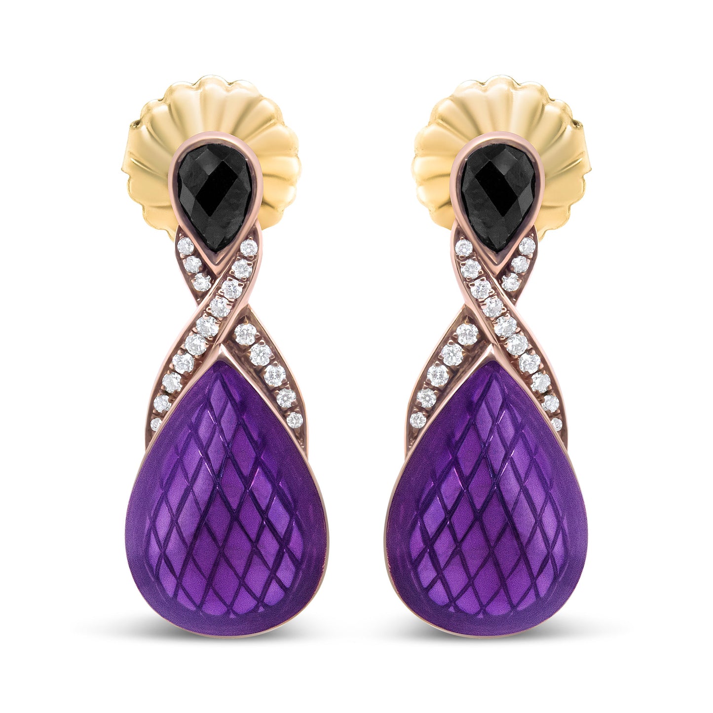 Pendientes colgantes de ónix negro en forma de pera de 5,5 x 4 mm y diamantes redondos pavé de 1/5 ct engastados con esmalte morado de plata de ley .925 chapado en oro rosa de 18 quilates (color F-G, claridad VS1-VS2)