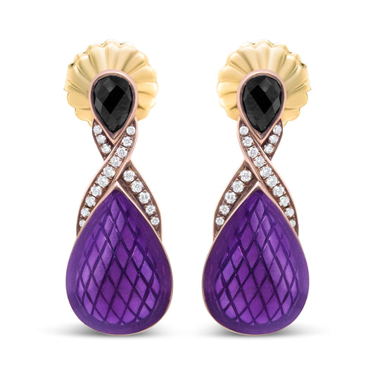 Pendientes colgantes de ónix negro en forma de pera de 5,5 x 4 mm y diamantes redondos pavé de 1/5 ct engastados con esmalte morado de plata de ley .925 chapado en oro rosa de 18 quilates (color F-G, claridad VS1-VS2)