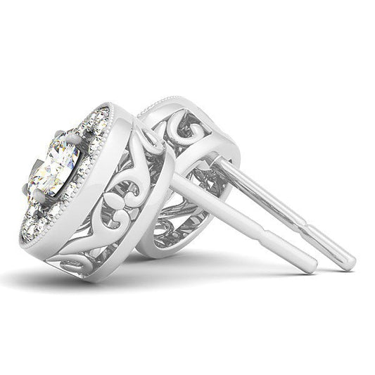 Pendientes de halo con borde milgrain de oro blanco de 14k con diamantes redondos (3/4 quilates en total)