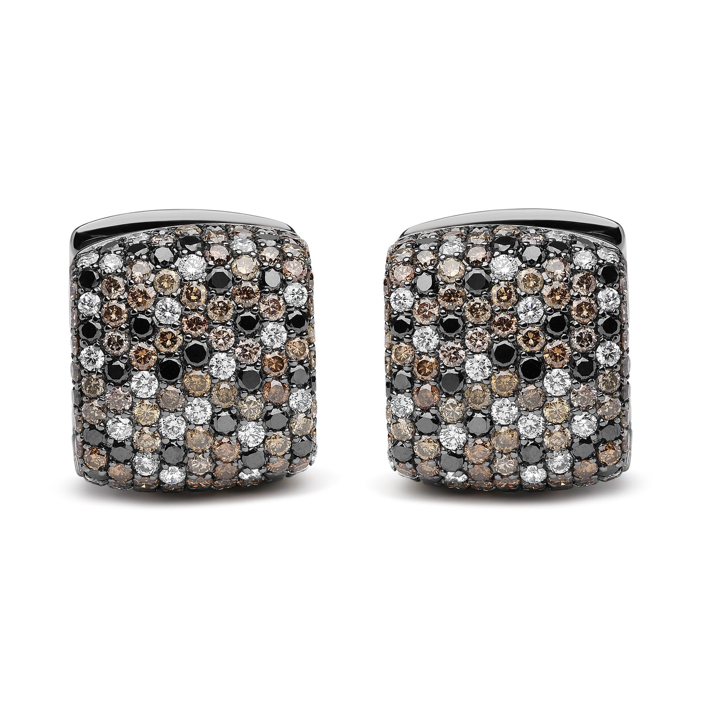 Pendientes Huggie Cuadrados Abovedados con Diamantes Multicolor de 12 5/8 Cttw en Oro Blanco de 18K con Baño de Rodio Negro (Marrón, Negro, Color G-H, Claridad SI1-SI2)