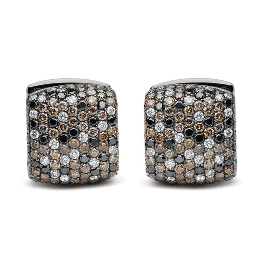 Pendientes Huggie Cuadrados Abovedados con Diamantes Multicolor de 12 5/8 Cttw en Oro Blanco de 18K con Baño de Rodio Negro (Marrón, Negro, Color G-H, Claridad SI1-SI2)
