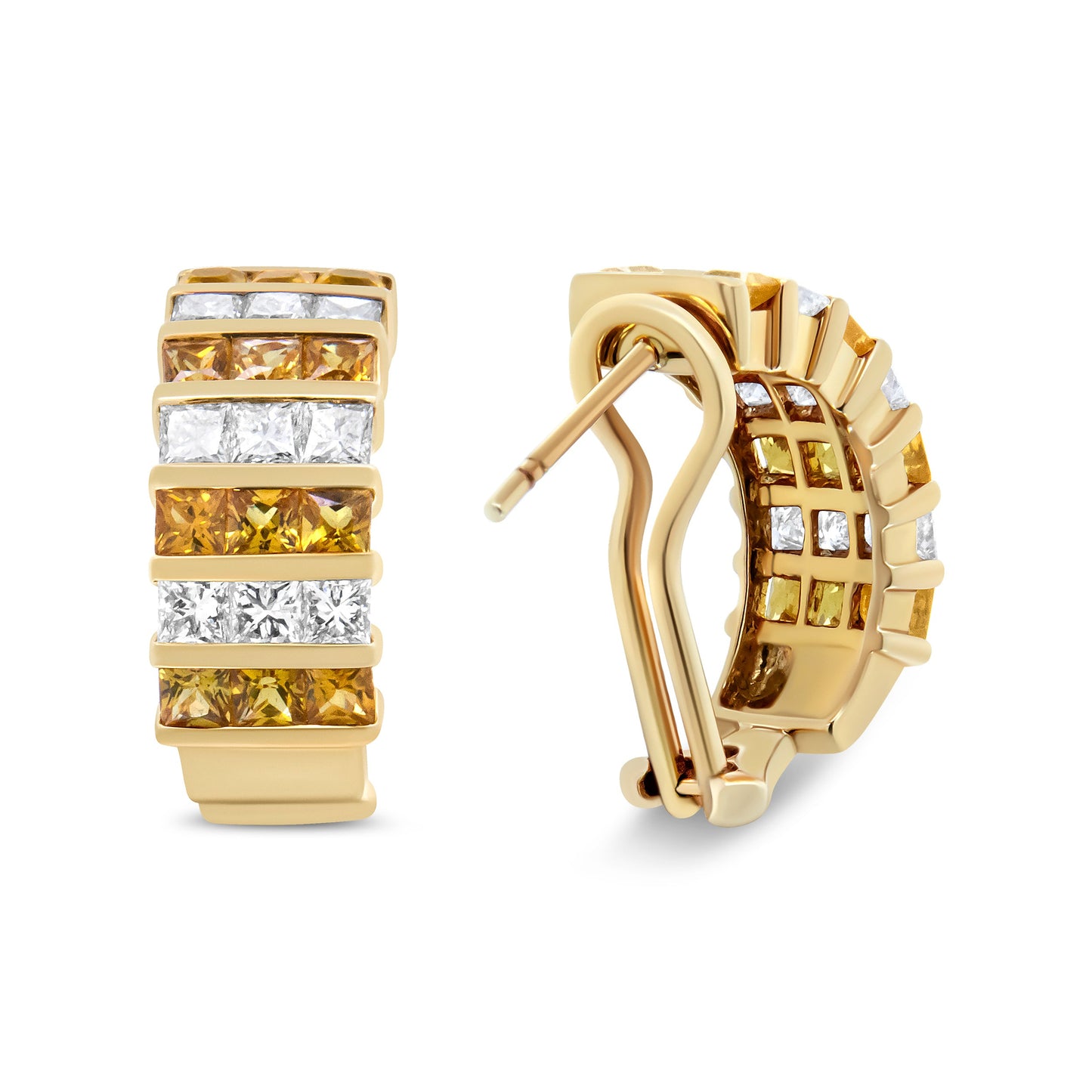 Pendientes de aro tipo Huggie de oro amarillo de 18 quilates con diamantes de talla princesa de 1 3/4 Cttw con engaste invisible y zafiros amarillos de 2,5 mm (color F-G, claridad VS1-VS2)