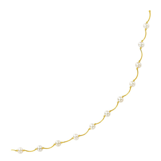 Collar de Eslabones en Arco de Oro Amarillo de 14k con Perlas Blancas