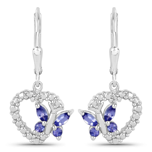 0.50 Carat Genuine Tanzanite and Created White Sapphire .925 Sterling Silver Earrings