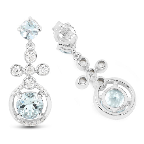 Pendientes de Plata de Ley .925 con Aguamarina Genuina de 4.42 Quilates y Zircón Blanco