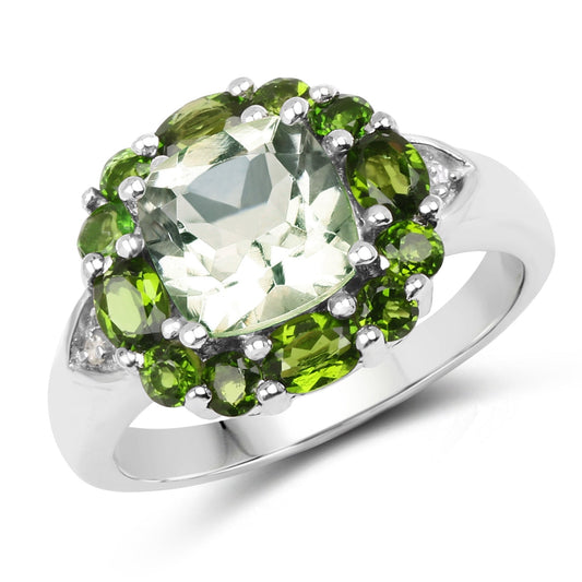 Anillo de plata de ley .925 con amatista verde genuina de 3.49 quilates, diópsido de cromo y topacio blanco