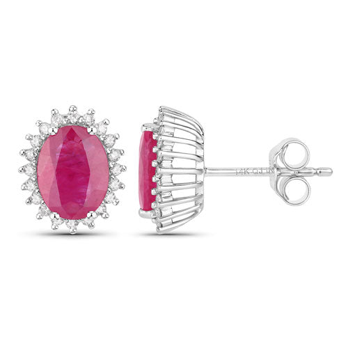 Pendientes de oro blanco de 14 quilates con rubí auténtico de 3.14 quilates y diamantes blancos