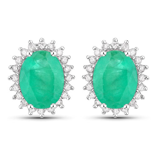 Pendientes de oro blanco de 10K con esmeralda zambiana auténtica de 2,66 quilates y diamantes blancos