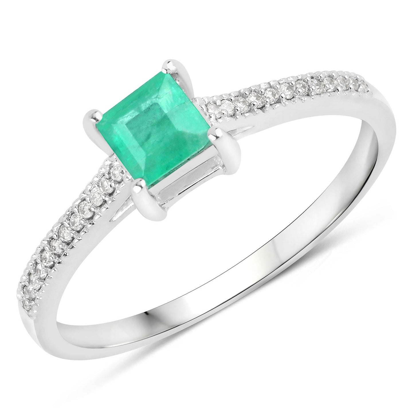 Anillo de oro blanco de 14 quilates con esmeralda zambiana auténtica de 0,67 quilates y diamantes blancos