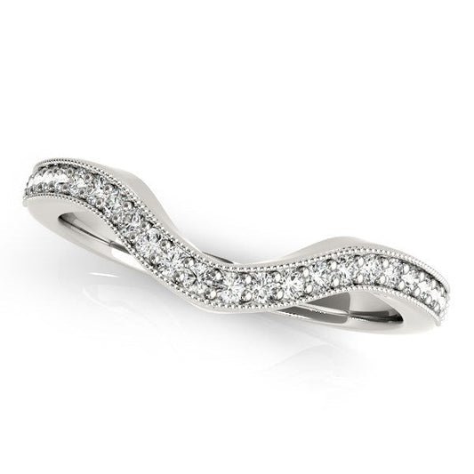 Anillo de boda curvo de oro blanco de 14k con diamantes y borde milgrain (1/5 qt)