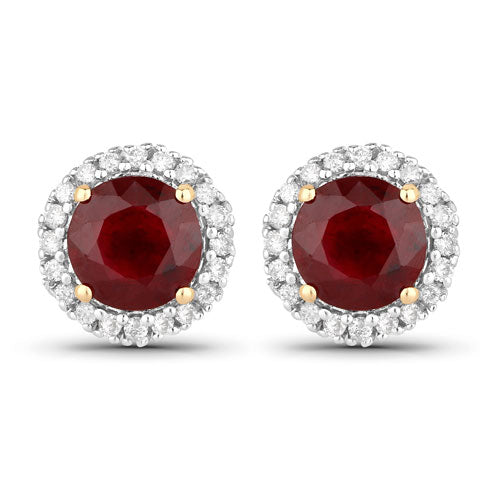 Pendientes de oro amarillo de 14 quilates con rubí auténtico de 2,14 quilates y diamantes blancos