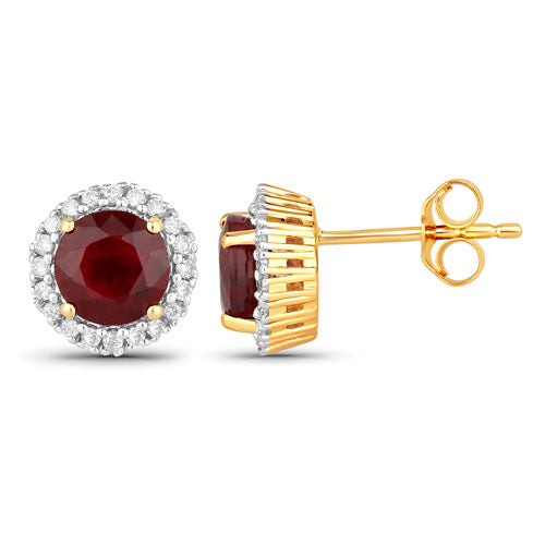 Pendientes de oro amarillo de 14 quilates con rubí auténtico de 2,14 quilates y diamantes blancos