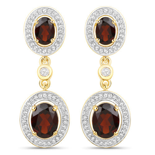 18K Yellow Gold Plated 6.30 Carat Genuine Garnet and White Topaz .925 Sterling Silver Earrings - view 2