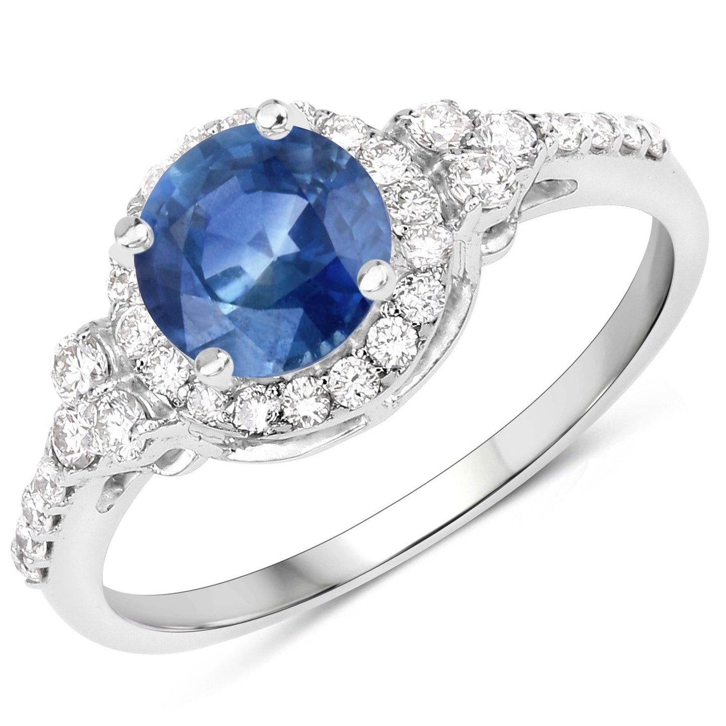 Anillo de oro blanco de 14 quilates con zafiro azul auténtico de 1,34 quilates y diamantes blancos