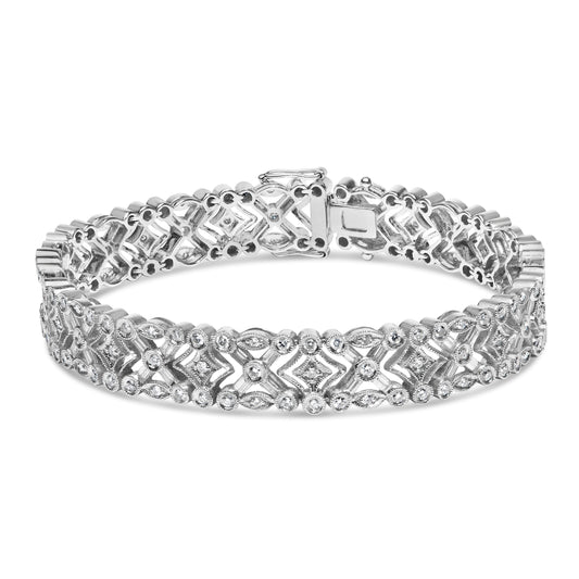 Pulsera de eslabones tipo Art Decó de oro blanco de 18K con diamantes baguette y redondos de 3 3/4 Cttw de inspiración vintage (color G-H, claridad VS1-VS2) - 7"