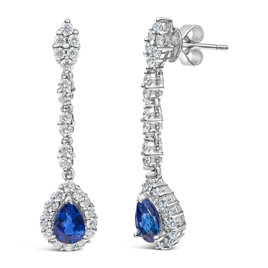 Pendientes de halo colgantes de oro blanco de 18K con diamantes de 1 3/5 Cttw y zafiro azul talla pera de 7x5 mm de 1 1/3 pulgadas (color G-H, claridad VS1-VS2)