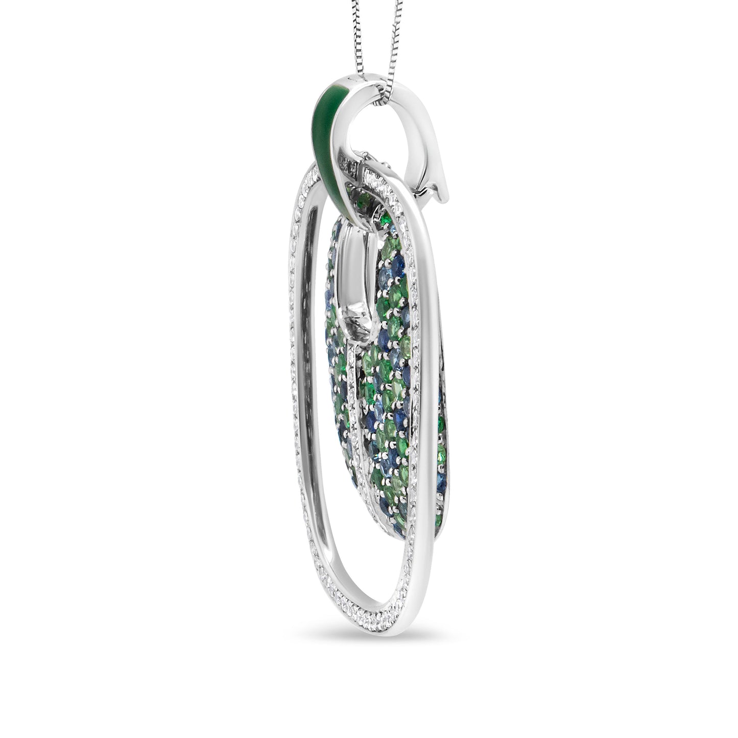 Collar con colgante calado de plata de ley .925 con esmalte verde, 1/2 quilate total de diamante, zafiro y tsavorita, de 45 cm (color F-G, claridad VS1-VS2)