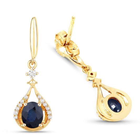 0.86 Carat Genuine Blue Sapphire and White Diamond 14K Yellow Gold Earrings - view 2