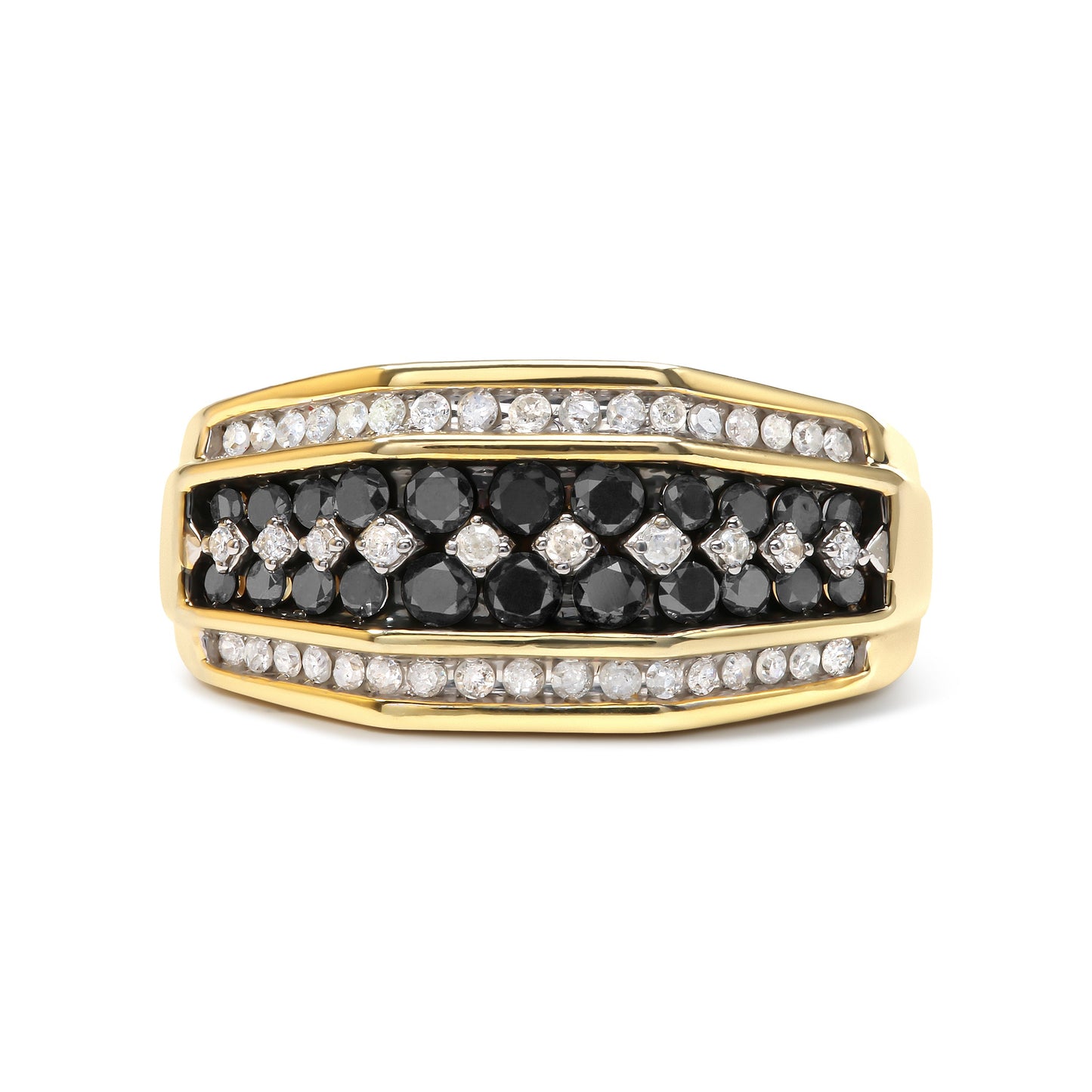 Anillo de hombre chapado en oro amarillo de 14K sobre plata de ley .925 con diamantes blancos y negros tratados de 1 1/2 quilates (color I-J, claridad I2-I3) - Talla 10
