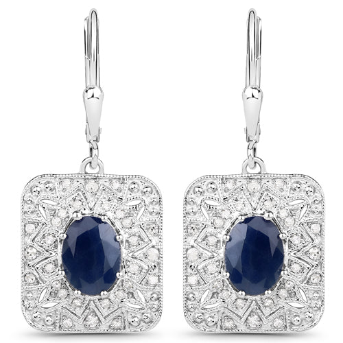 3.36 Carat Genuine Blue Sapphire and White Diamond .925 Sterling Silver Earrings - view 2