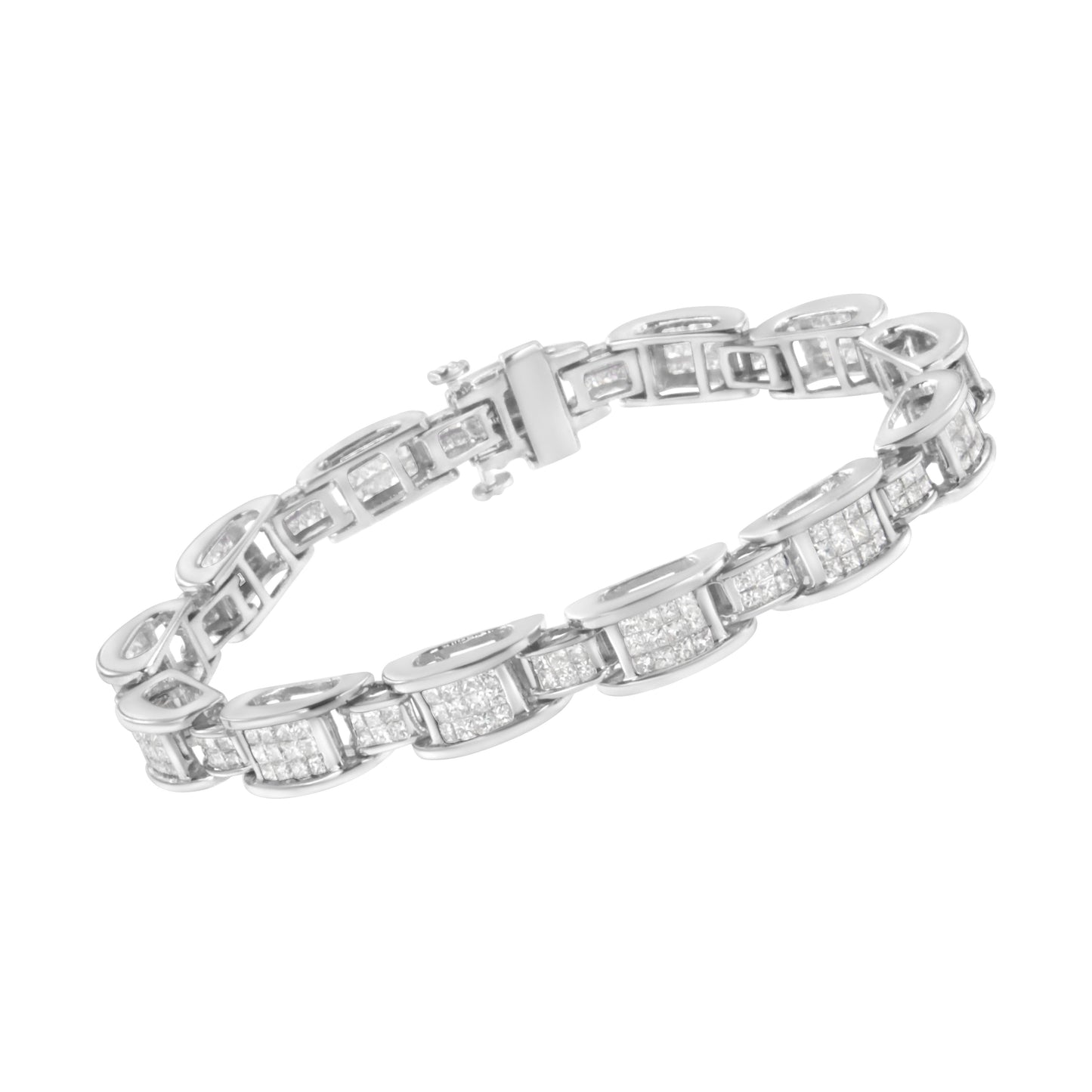 Pulsera de tenis de oro blanco de 14 quilates con diamantes de talla princesa de 5,0 quilates engastados en forma invisible con eslabones en forma de D de tamaño alterno (color H-I, claridad SI2-I1) - 7 pulgadas