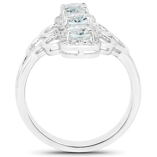 Anillo de plata de ley .925 con aguamarina auténtica de 1.54 quilates y circonita blanca