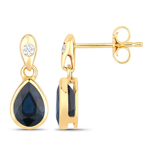 Pendientes de oro amarillo de 10K con zafiro azul genuino de 1.65 quilates y diamantes blancos