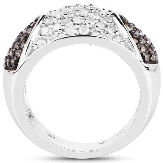 Anillo de Plata de ley .925 con Diamante Champán Genuino de 0,94 Quilates y Diamantes Blancos