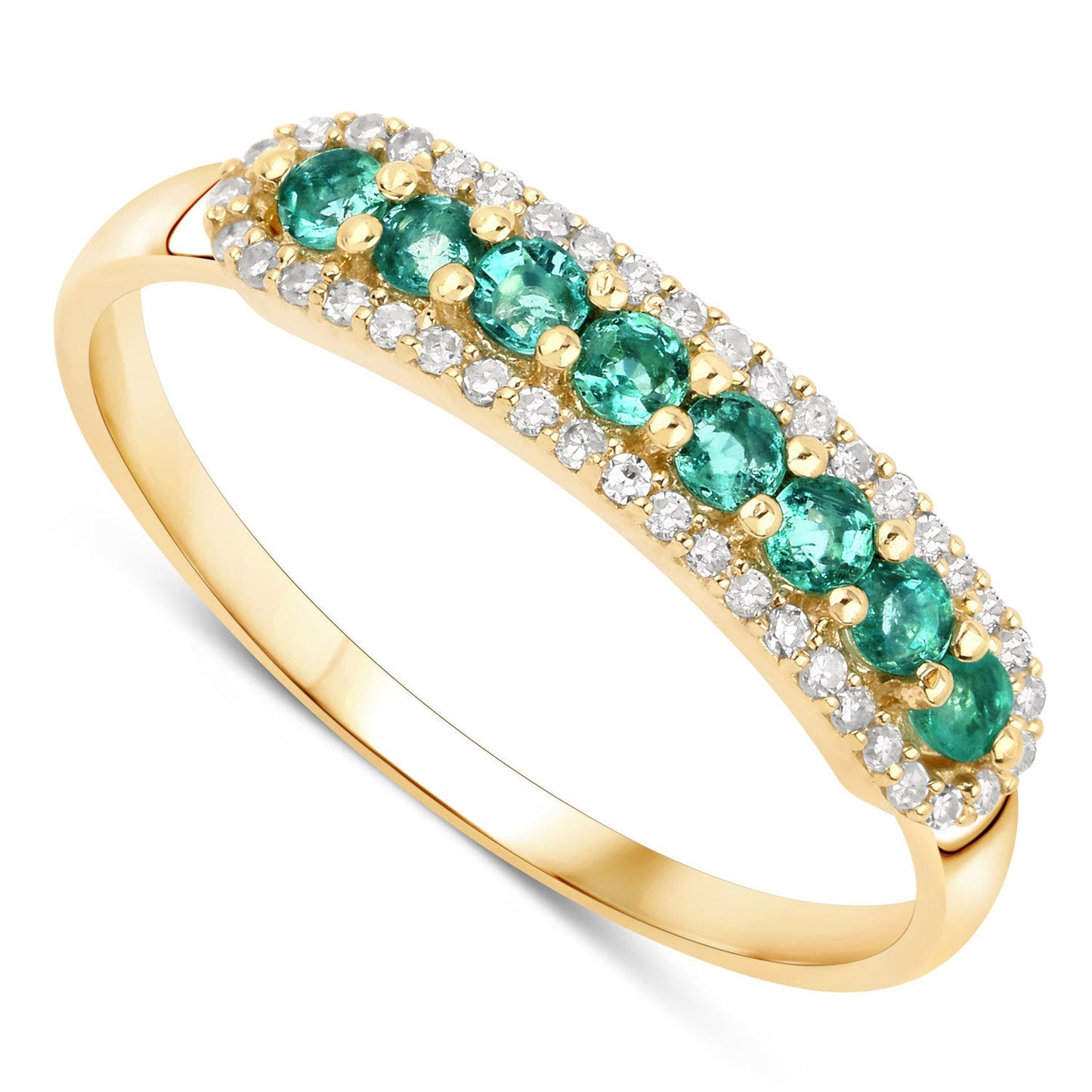 Anillo de oro amarillo de 14 quilates con esmeralda zambiana auténtica de 0,35 quilates y diamantes blancos