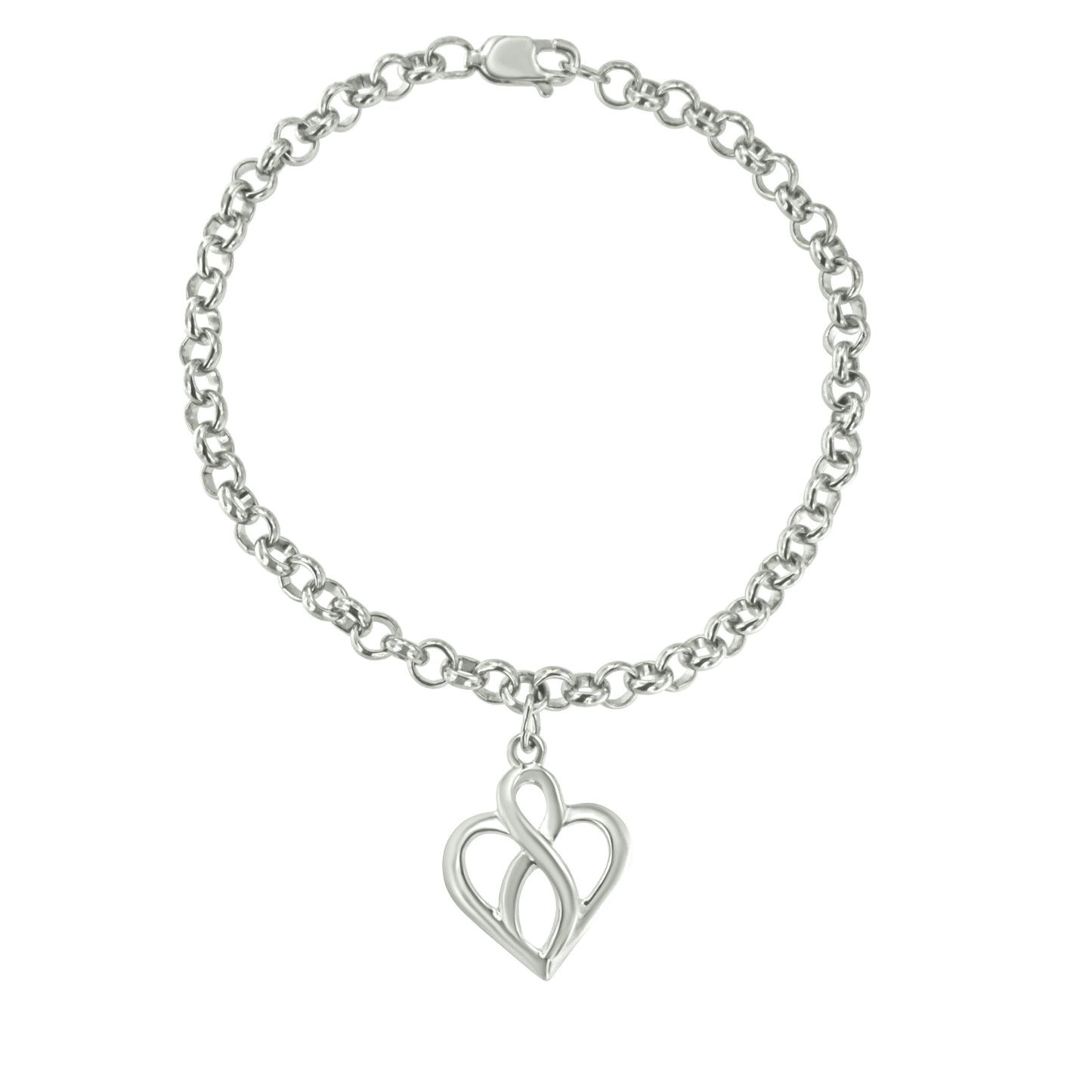 Pulsera con dije de cadena de plata esterlina .925 con corazón abierto e infinito vertical central - Talla 7"