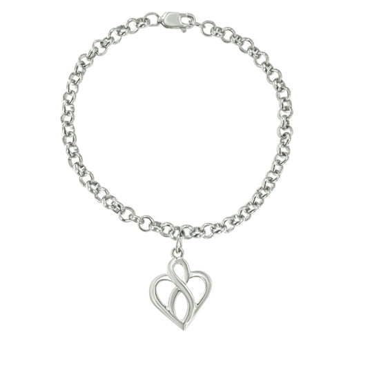 Pulsera con dije de cadena de plata esterlina .925 con corazón abierto e infinito vertical central - Talla 7"