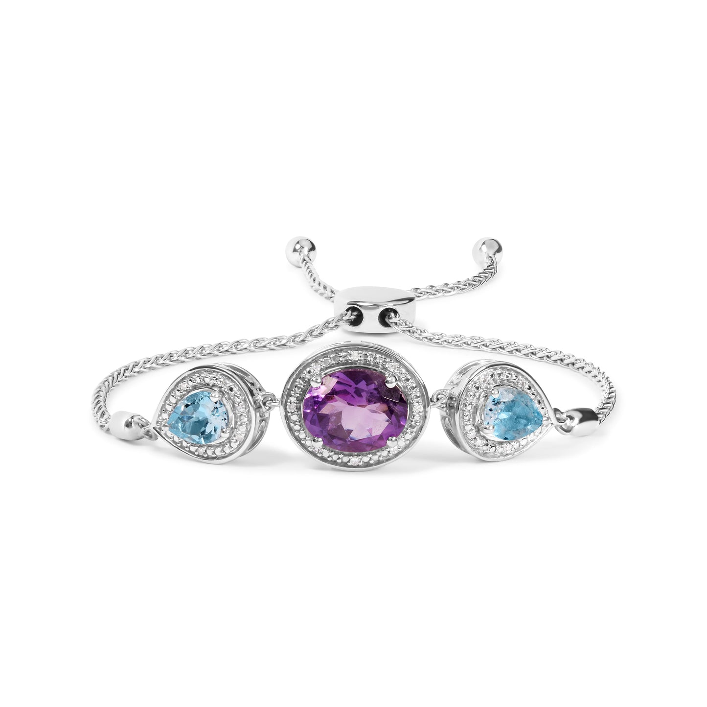 Pulsera de bolo ajustable de plata de ley .925 con amatista ovalada, topacio azul en forma de pera y acento de diamante de 4 a 10 pulgadas (color H-I, claridad SI1-SI2)