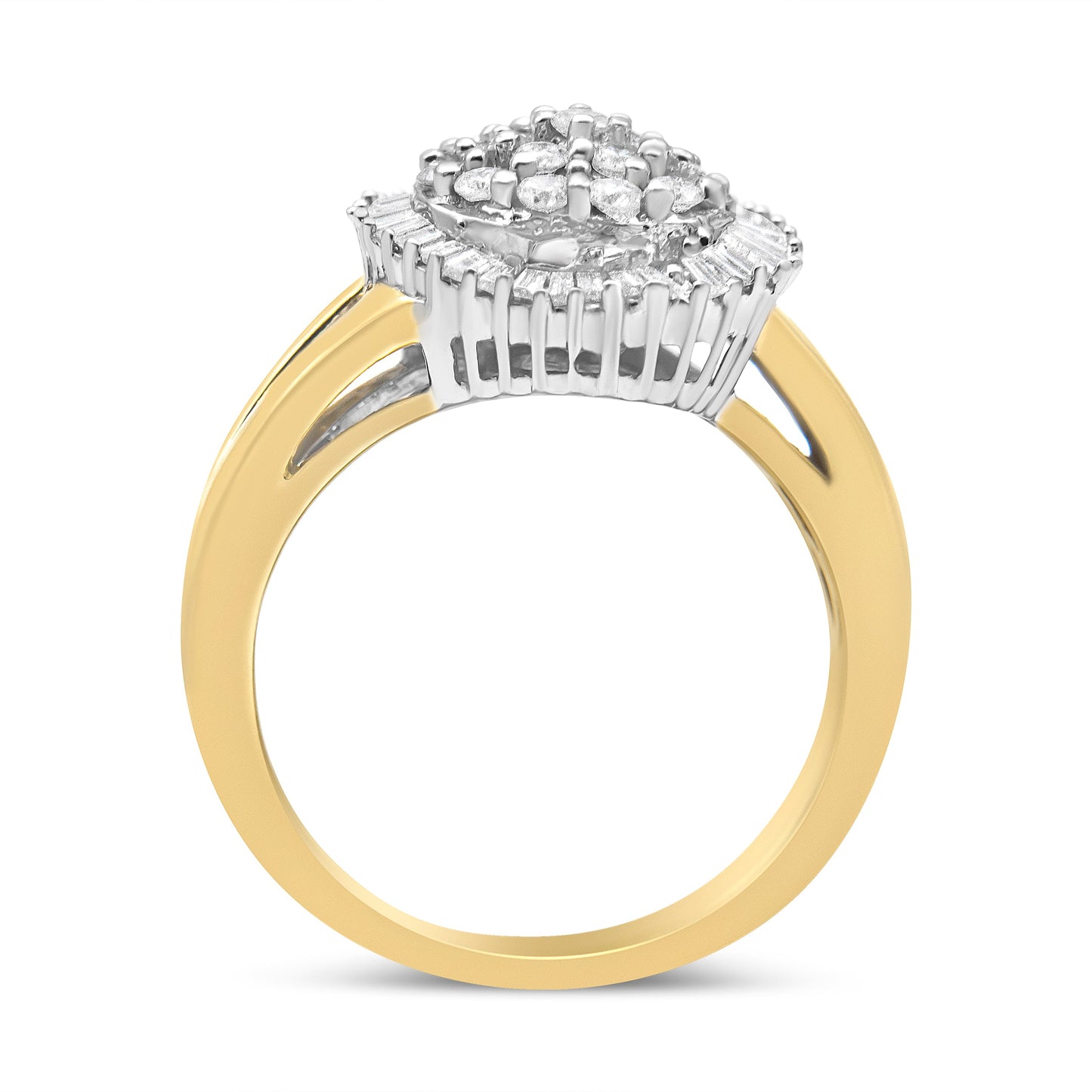 Anillo de cóctel estilo bailarina de oro blanco y amarillo de 14 quilates con diamantes redondos y talla baguette de 1,00 quilates en total (color H-I, claridad SI2-I1)
