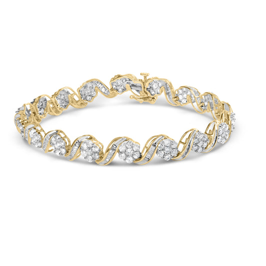 Pulsera de 7.25" de oro amarillo de 10k con diamantes de corte redondo y corte baguette de 5.00 Cttw con diseño floral (color I-J, claridad I2-I3)