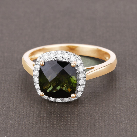 Anillo de 14K Oro Amarillo con Turmalina Verde Genuina de 2.64 Quilates y Diamantes Blancos