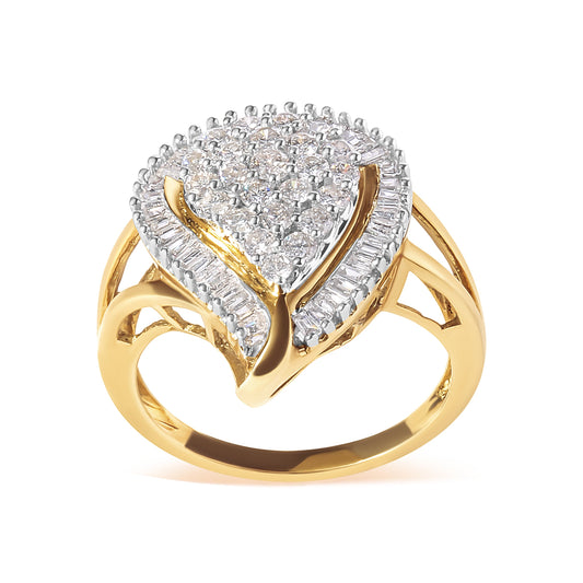 Anillo de racimo tipo bailarina de oro amarillo de 10 qt con diamantes redondos y corte baguette de 1 quilate (color H-I, claridad SI2-I1)