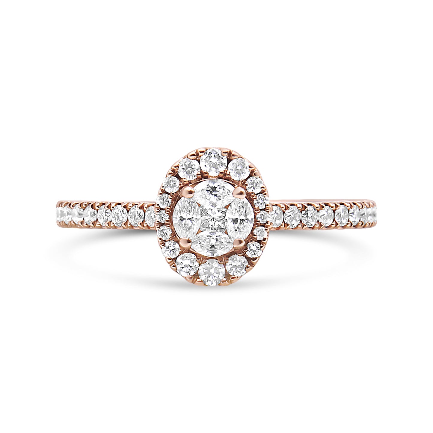 Anillo de compromiso con halo ovalado de diamantes tipo marquesa de oro rosa de 18 K y 1/2 CTW (color F-G, claridad VS1-VS2) - Talla 7
