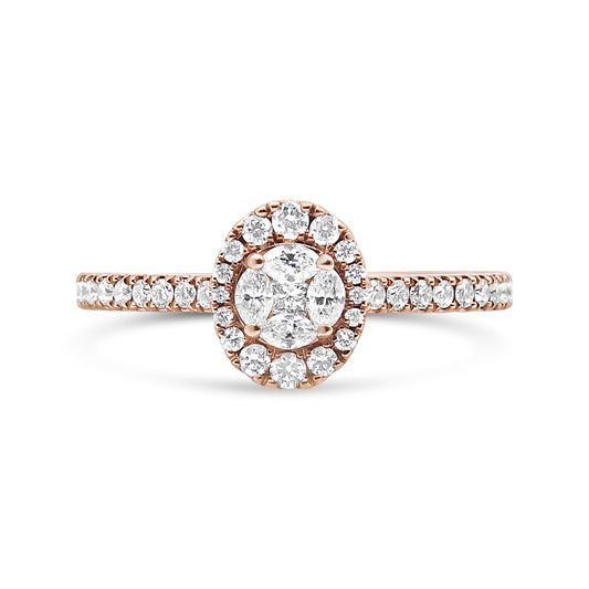 Anillo de compromiso con halo ovalado de diamantes tipo marquesa de oro rosa de 18 K y 1/2 CTW (color F-G, claridad VS1-VS2) - Talla 7