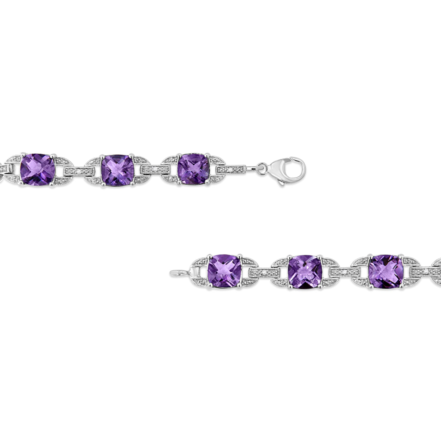 Brazalete tipo tenis de plata de ley .925 con amatista talla cojín de 7 mm y diamantes (color I-J, claridad I1-I2) - Talla 7"