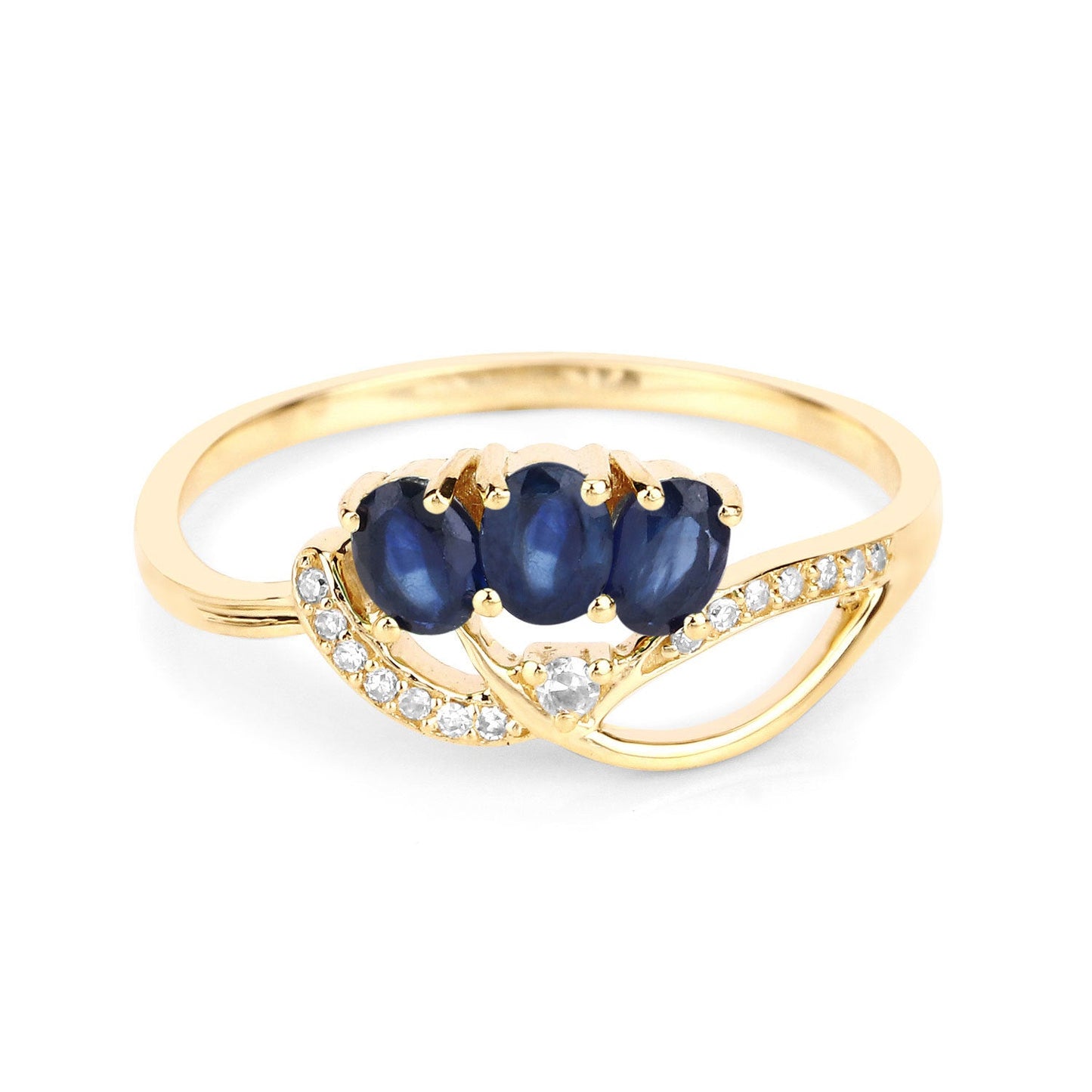 Anillo de oro amarillo de 14K con zafiro azul genuino de 0,65 quilates y diamantes blancos