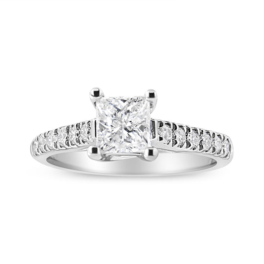 Anillo de compromiso clásico con diamante princesa engastado en 4 puntas de oro blanco de 14 quilates, 1 1/5 quilates (color I1-I2, claridad H-I), talla 7