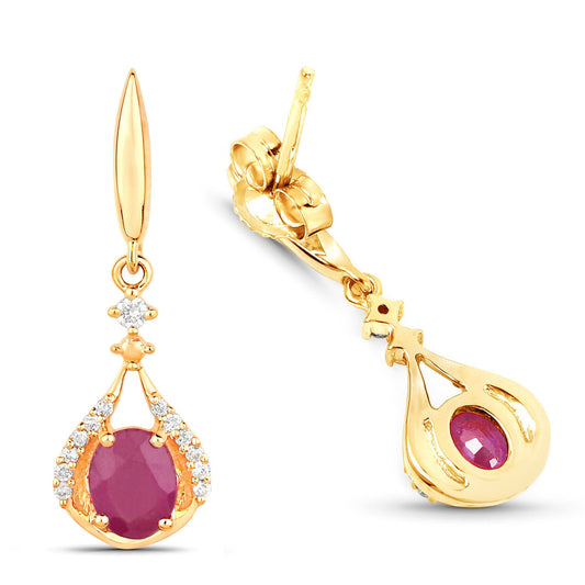 0.70 Carat Genuine Ruby and White Diamond 14K Yellow Gold Earrings - view 2