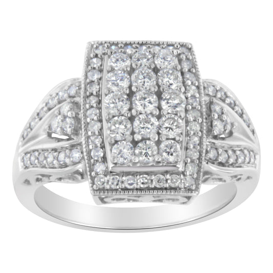 Anillo de moda tipo cóctel en oro blanco de 10K con diamantes de 1,0 Cttw, forma rectangular de cojín, halo de racimo y banda acampanada (color H-I, claridad SI2-I1) - Talla 7