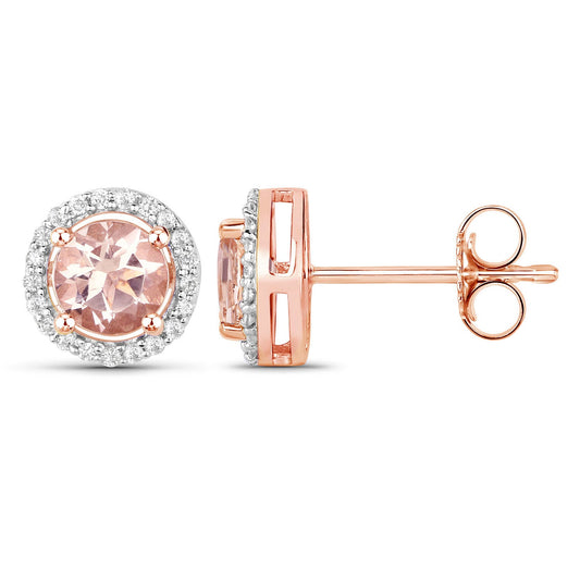 Pendientes de oro rosa de 14 quilates con morganita auténtica de 0,93 quilates y diamantes blancos