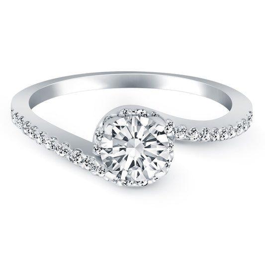 Anillo de compromiso con halo de diamantes en espiral de oro blanco de 14 quilates