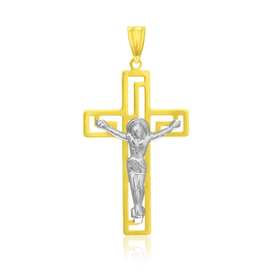 Colgante de cruz de oro bicolor de 14k con figura