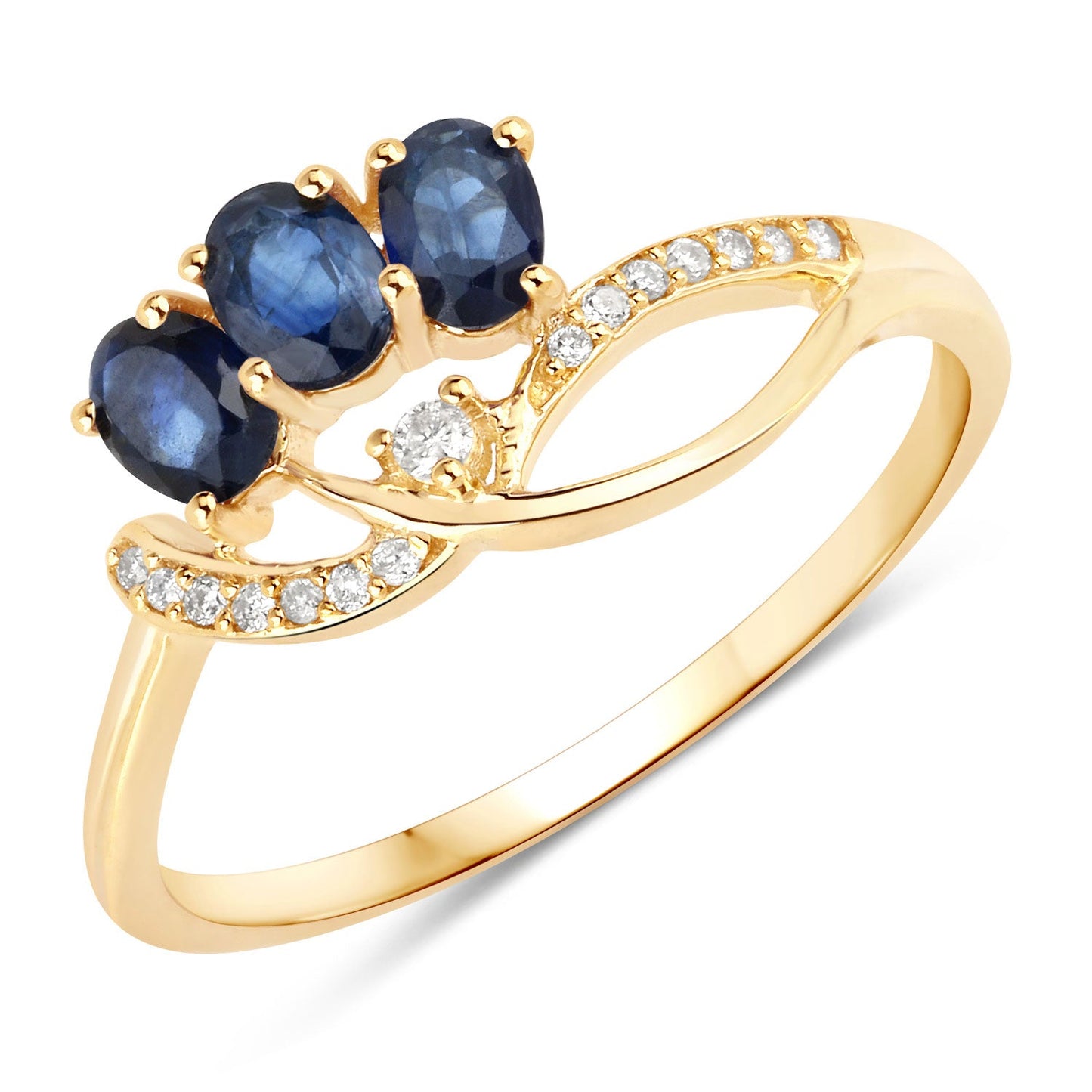 Anillo de oro amarillo de 14K con zafiro azul genuino de 0,65 quilates y diamantes blancos